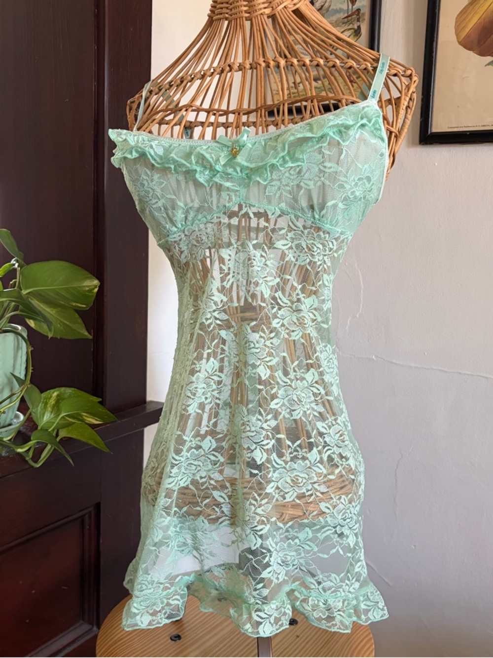 Vintage y2k Mint Green Lace Babydoll Slip Lingerie